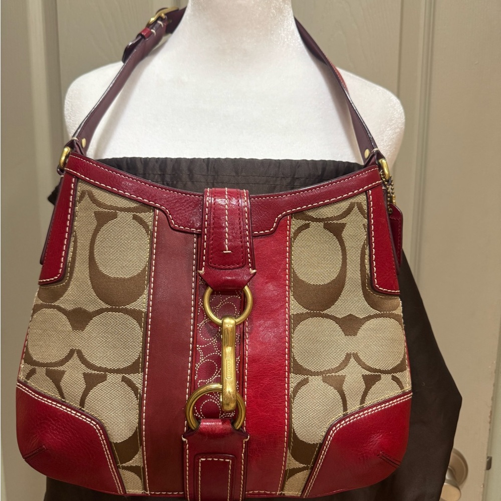 Vintage COACH Hampton Signature Monogram Shoulder Bag With Red Leather Handbag